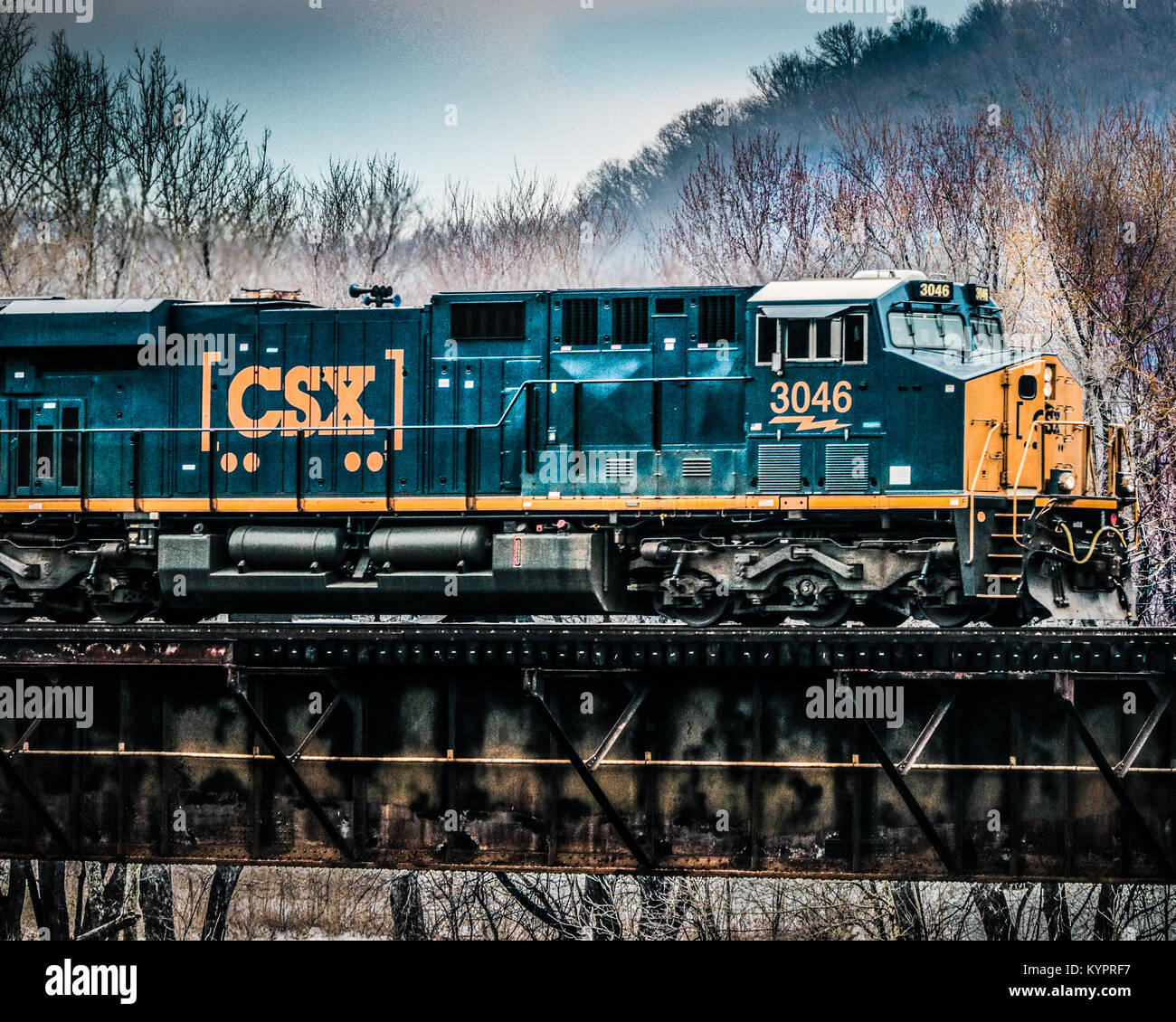 CSX Engine on Trestle at Harpers Ferry West Virginia Stock Photo