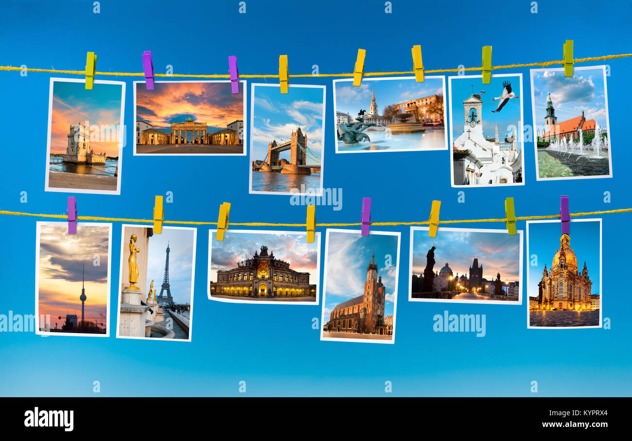 Collage with postcards of european landmarks on blue background Stock Photo
