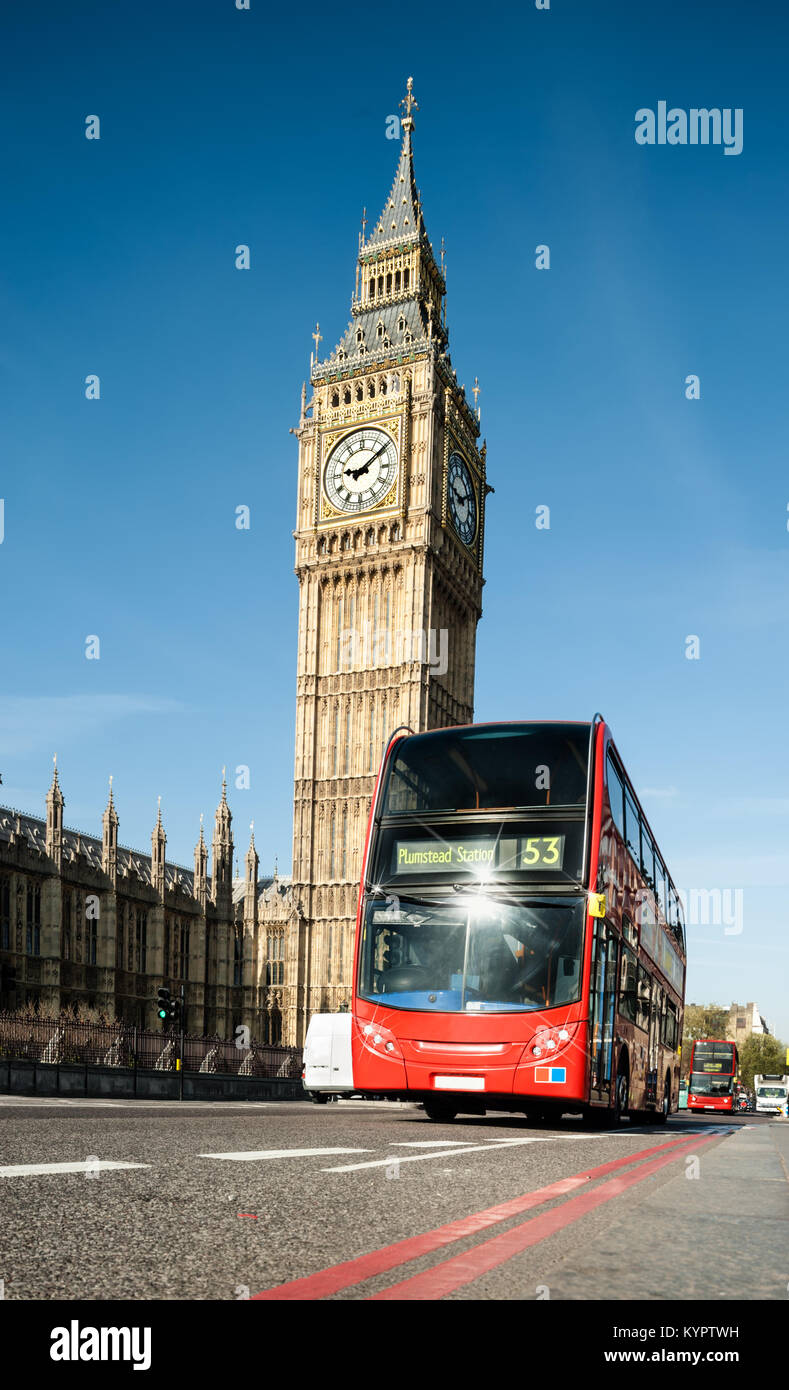 Red doubledecker bus in front of Big Ben in London Stock Photo