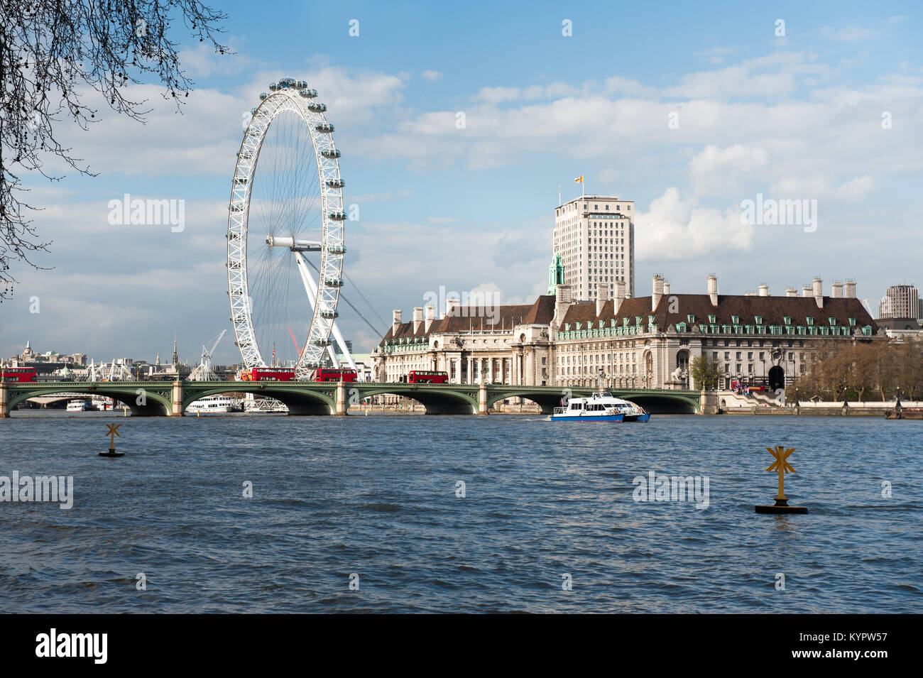 London Eye and buildings on the South Bank of Thames river in London Stock Photo