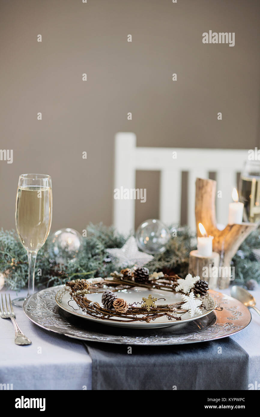Holiday celebration table setting. White, gold and silver christmas ... Holiday celebration table setting. White, gold and silver christmas ...