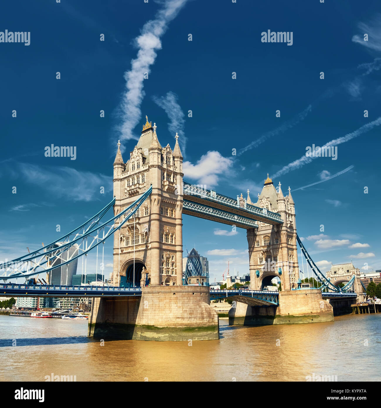 Tower Bridge on a bright sunny day in London, England, UK. Toned panoramic image, square composition. Stock Photo