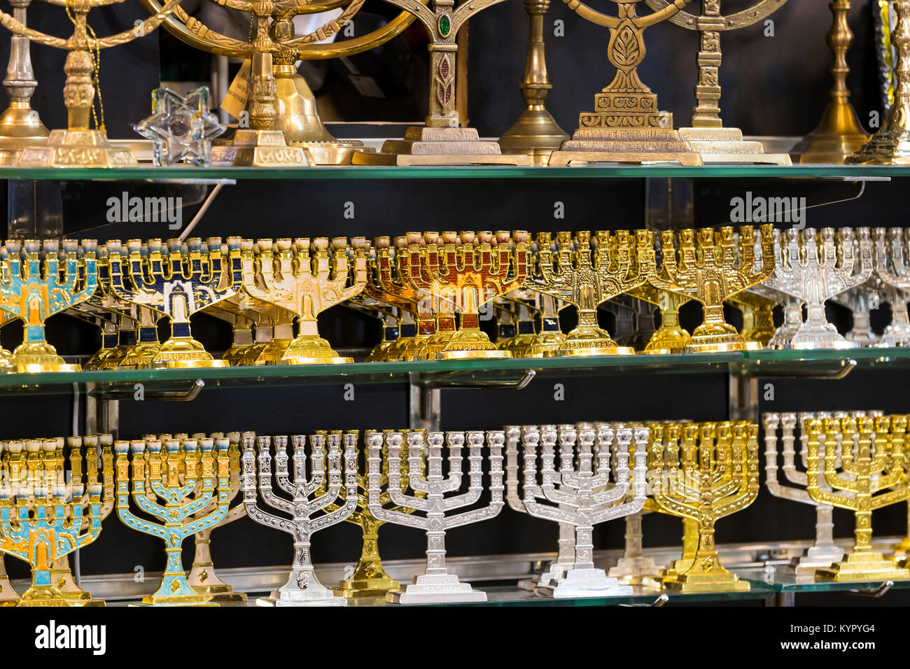 Jewish Rilighous Objects JERUSALEM, ISRAEL - 22 NOVEMBER 2017: The market of religious objects ...