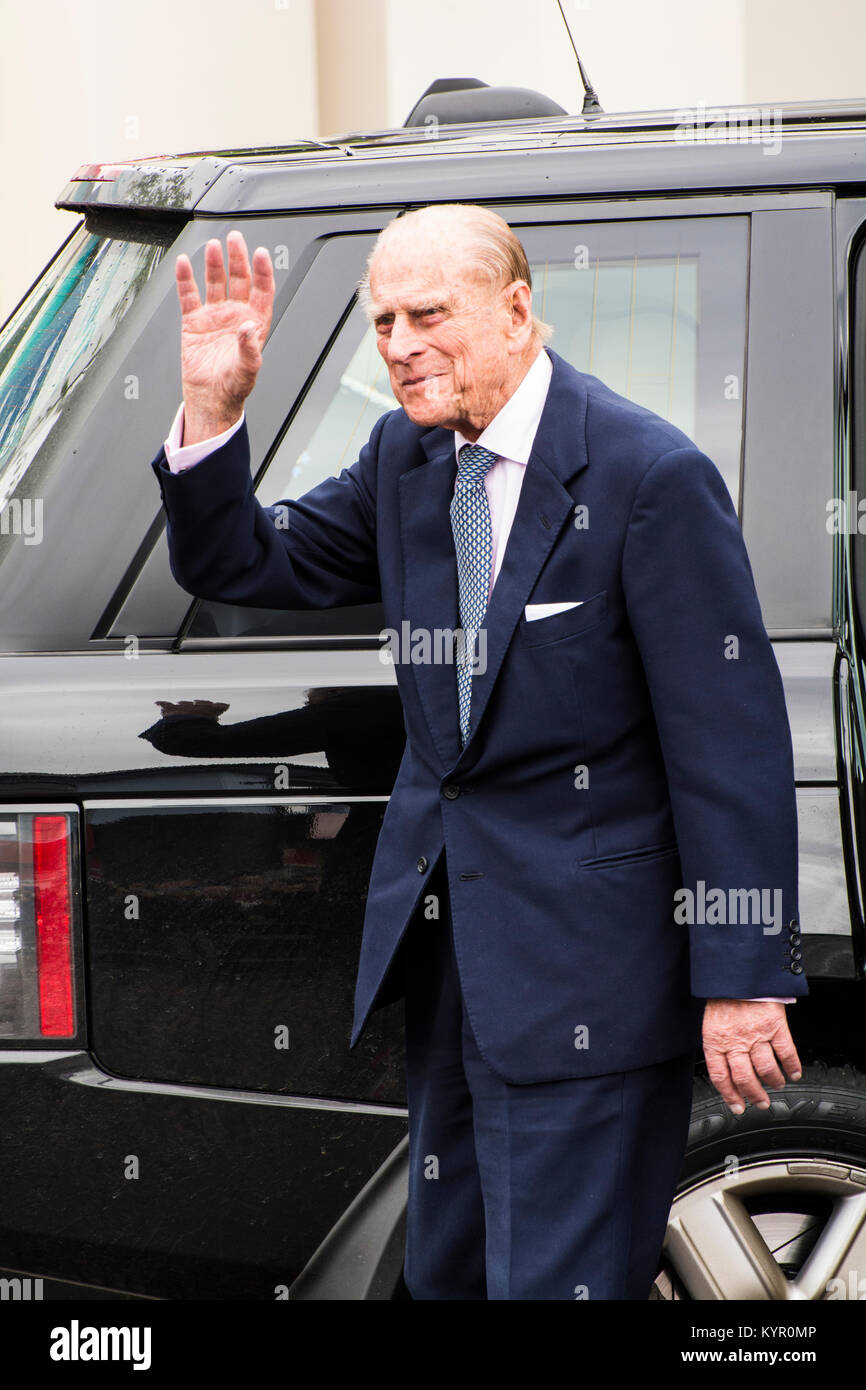 Prince Phillip waves to the crowd at Coleraine Railway Station on 28th June 2016 prior to boarding a Steam Train to Londonderry. Stock Photo