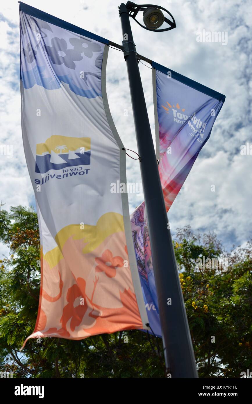 Banners or flags waving to advertise Riverway, Townsville, Queensland