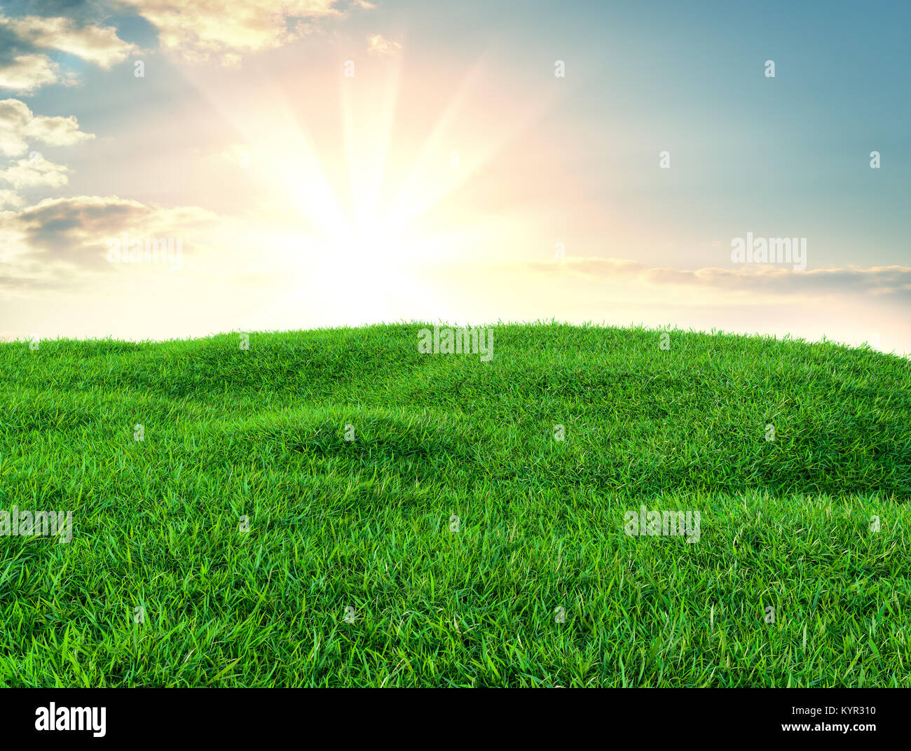 Green grass field on small hills and blue sky with clouds Stock Photo ...