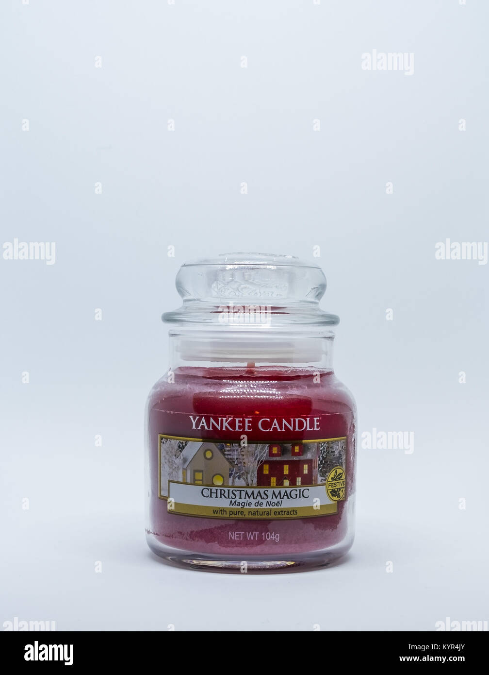 Largs, Scotland, UK - January 14, 2018: A small glass Jar containing a Yankee Candle popular in many modern homes giving off an aromatic fragrance. Ta Stock Photo