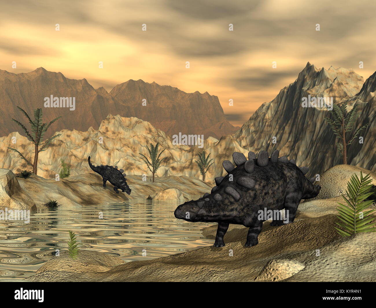 Chrichtonsaurus dinosaur next to a pond in the desert by sunset - 3D render Stock Photo