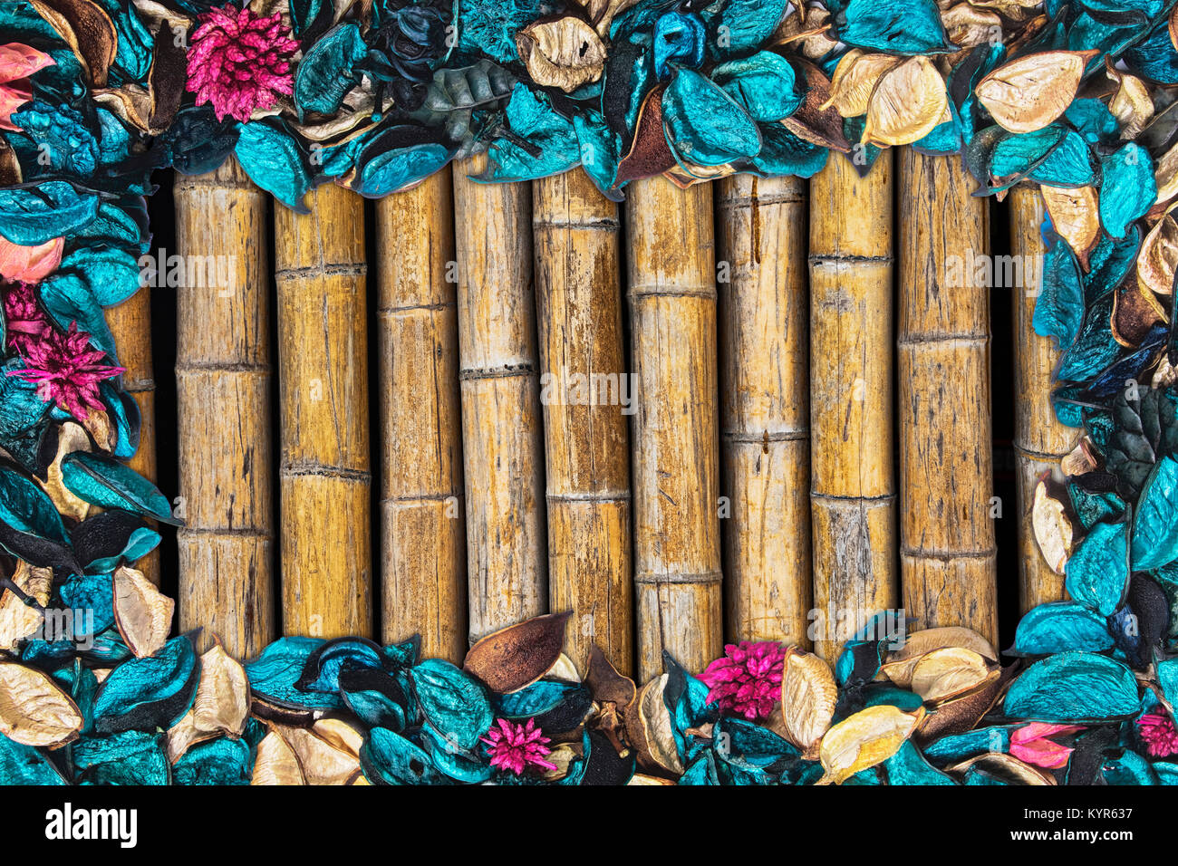 Beautiful and colorful background of Ocean Scent potpourri with copy space and a bamboo background Stock Photo