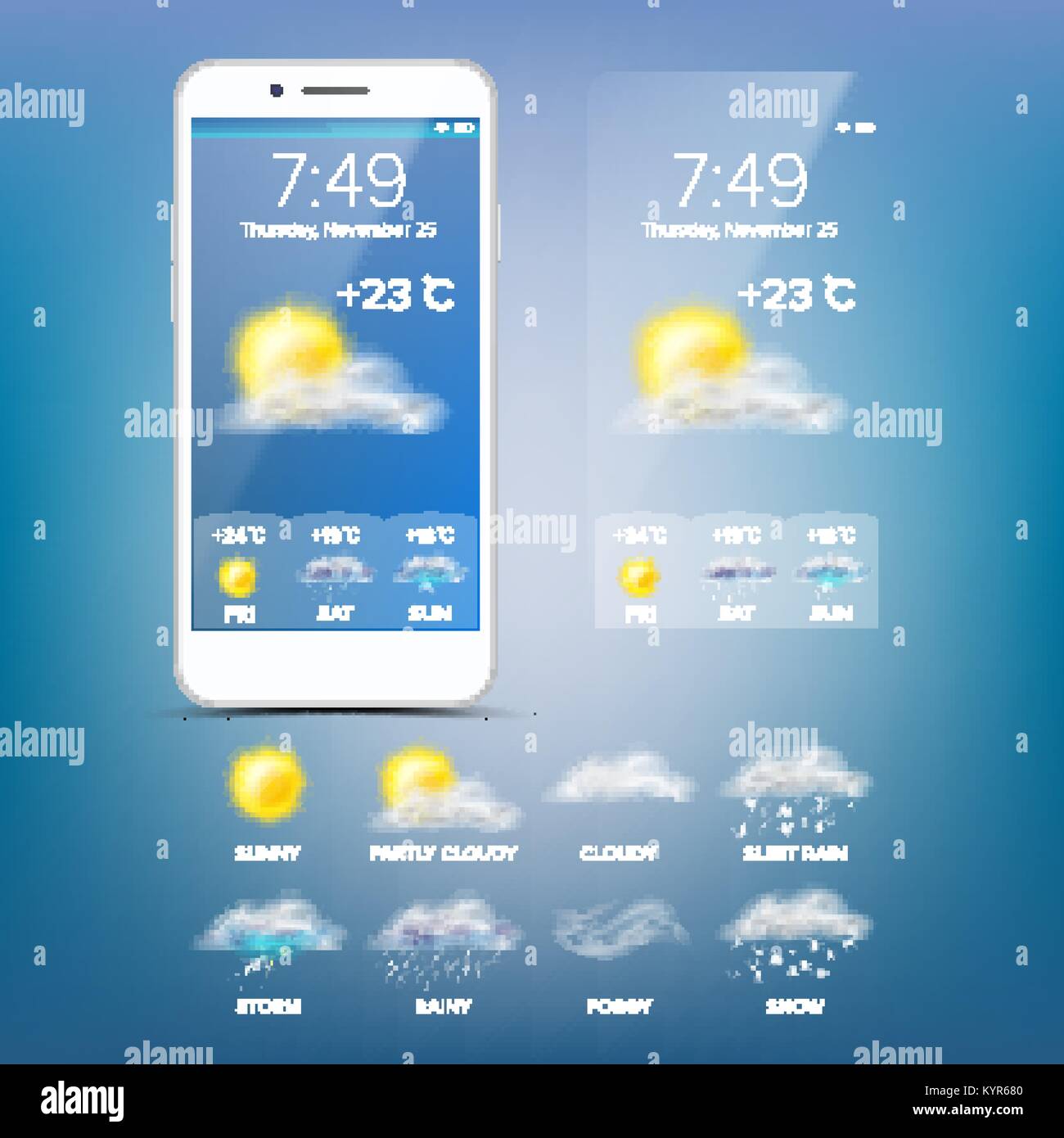 Weather Forecast App Vector. Blue Background. Application Of Science And  Technology. State Of The Atmosphere. Illustration Stock Vector Image & Art  - Alamy