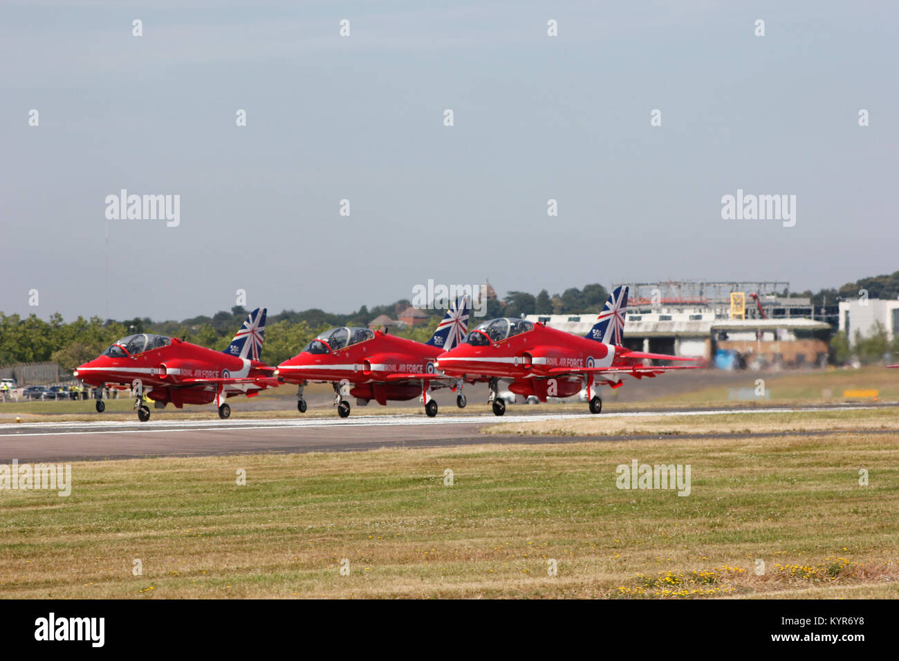 Red Arrows preparing for take off at Farnborough Airshow 2014 Stock Photo
