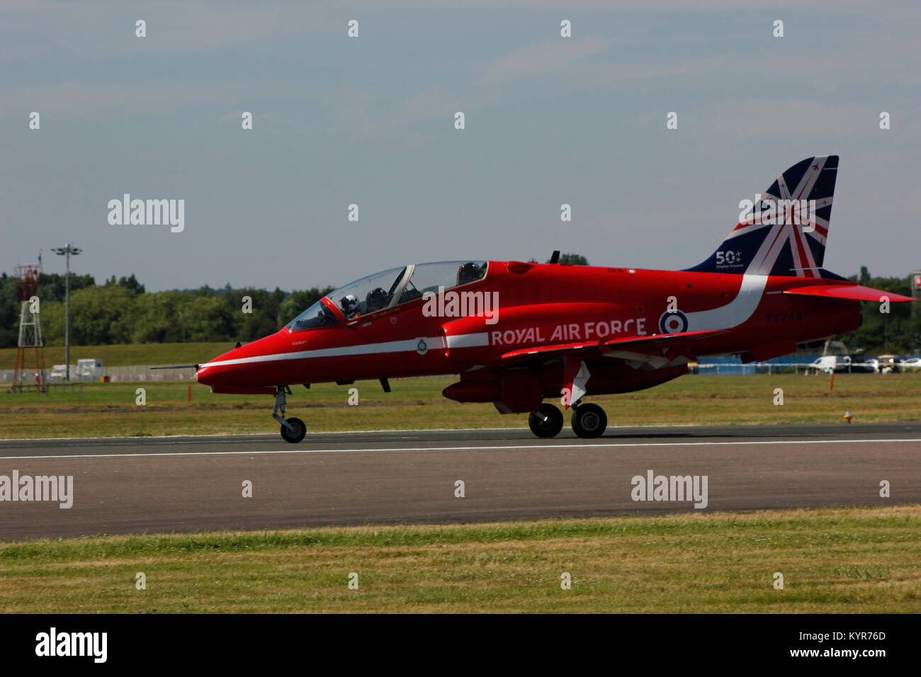 Red Arrows preparing for take off at Farnborough Airshow 2014 Stock Photo