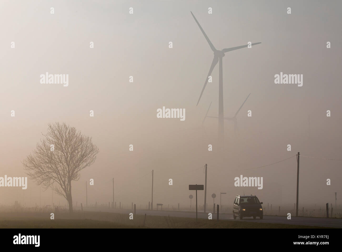 Wind energy plant, wind farm in East Frisia, Lower Saxony, Northern Germany, foggy winter weather, Stock Photo