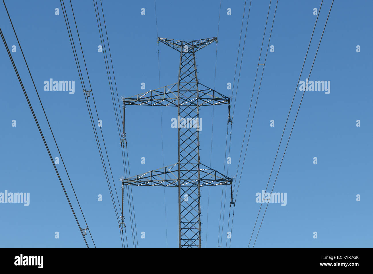 A power line wires against blue sky Stock Photo - Alamy