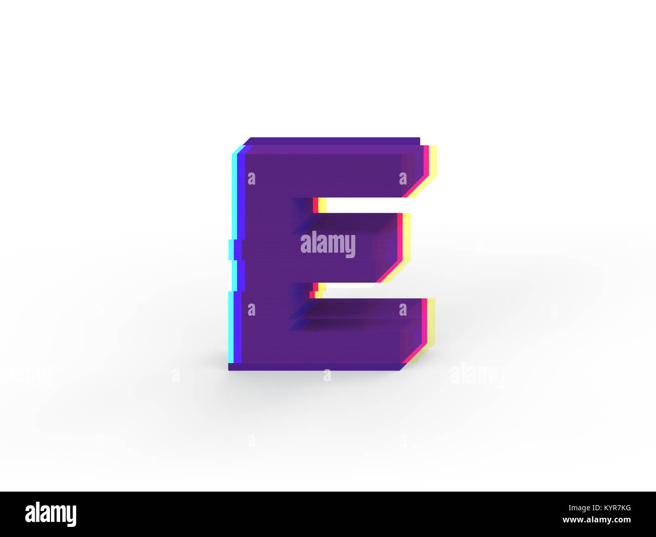 3D realistic glitch uppercase letter E with soft shadow isolated on white background - Path selection on file. Stock Photo