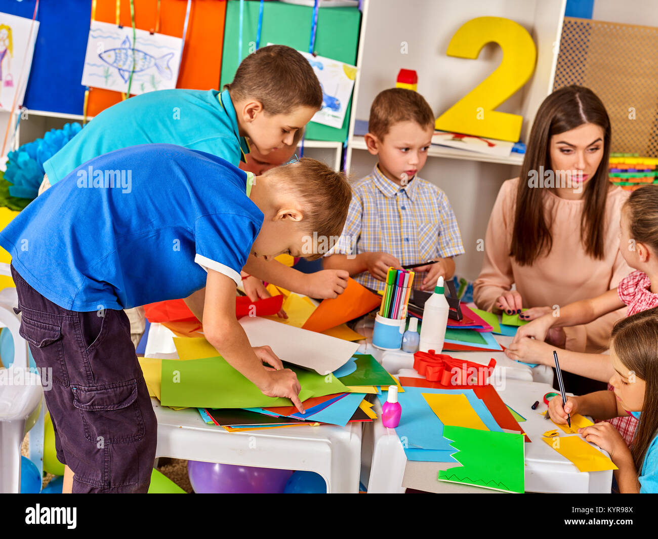 Children Teacher Cutting Out Scissors Paper Stock Photo 259010789