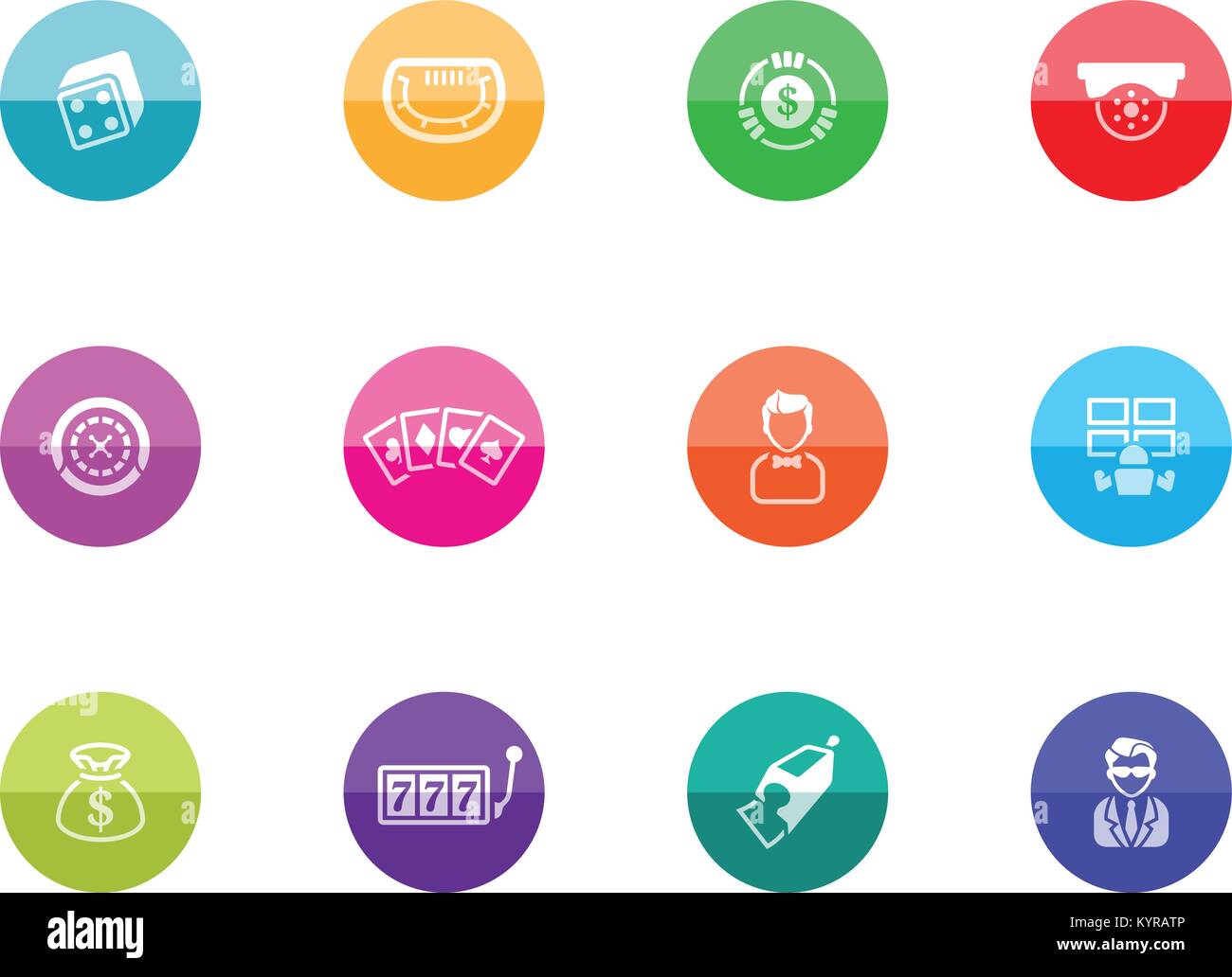 Casino icons in color circles. Vector illustration. Stock Vector