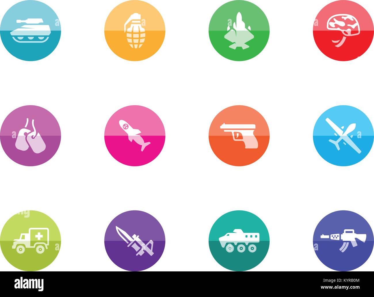 Military icons in color circles. Vector illustration. Stock Vector