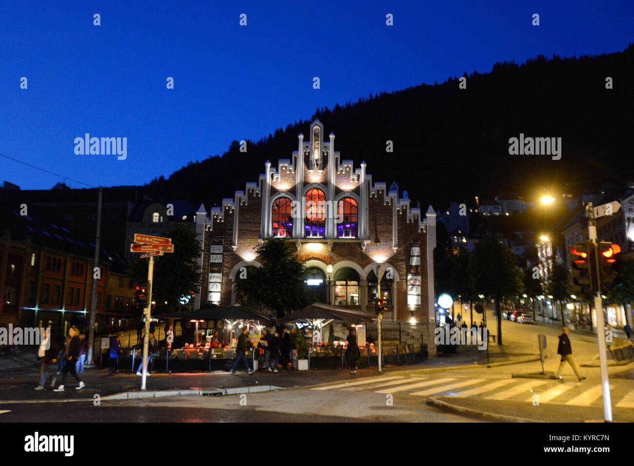 Bryggen street by night - Bergen, Norway Stock Photo