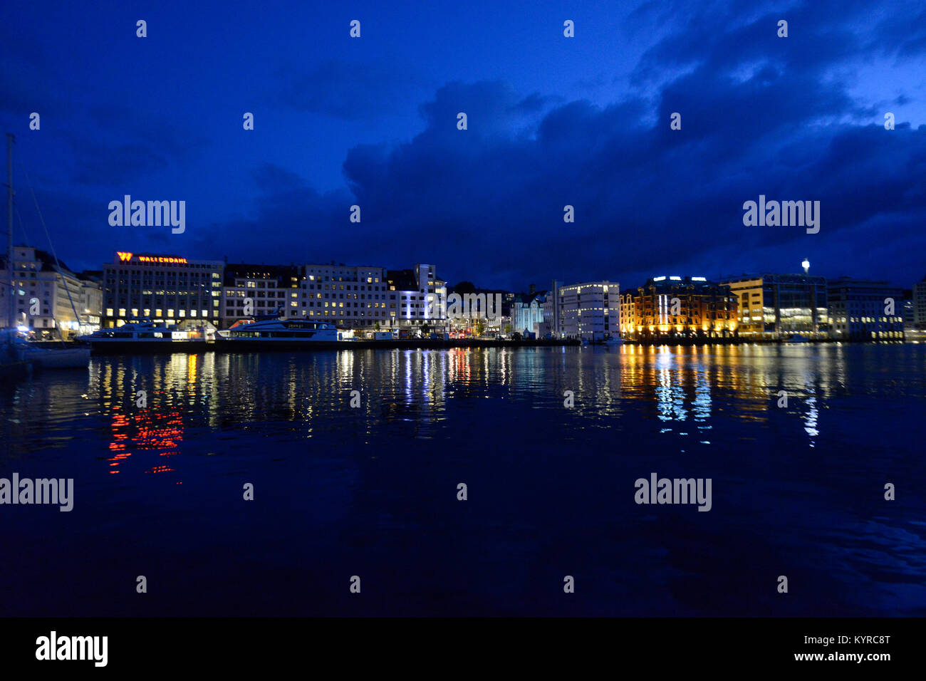 Bergen harbor by night, Norway Stock Photo