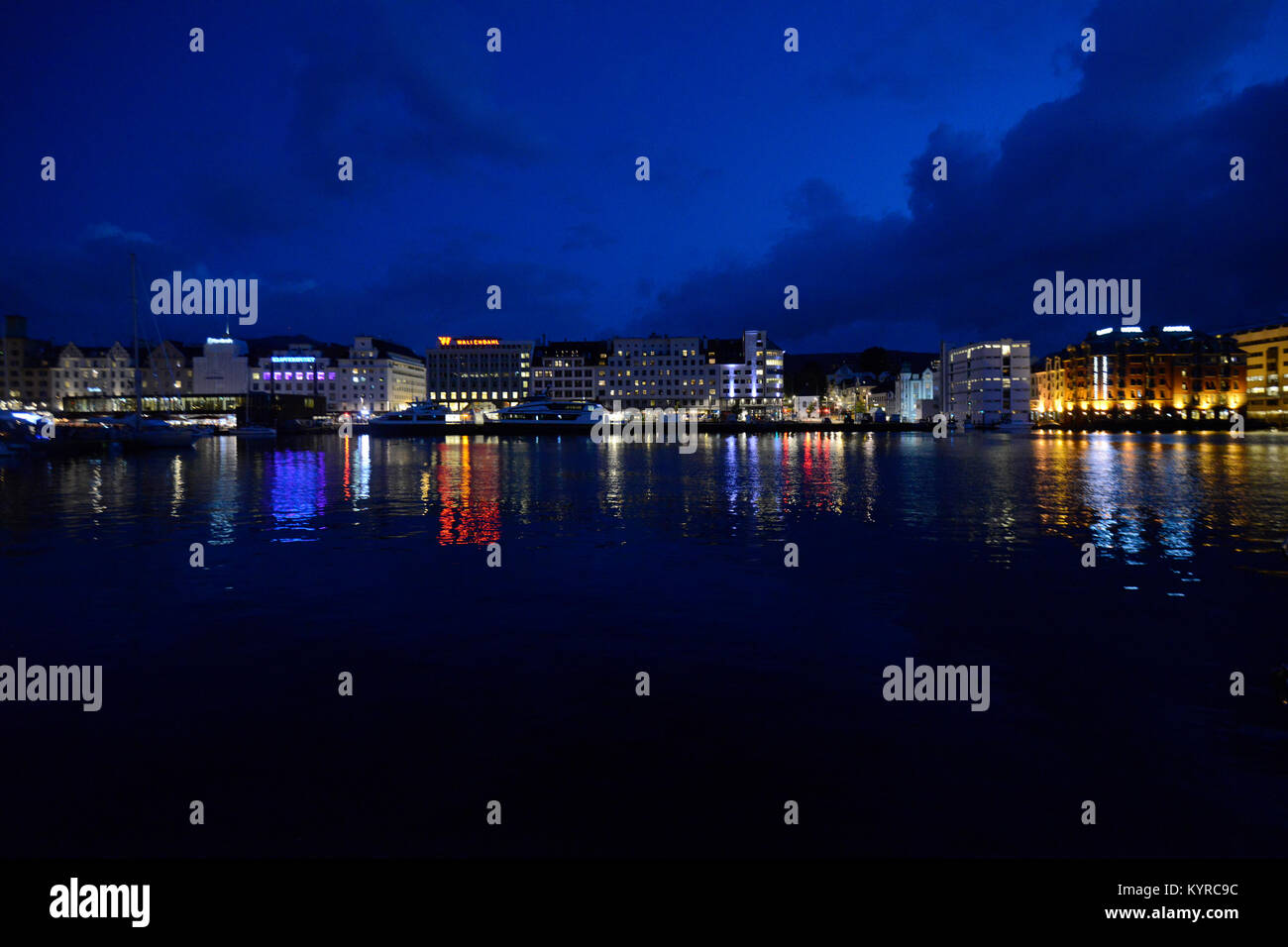 Bergen harbour by night, Norway Stock Photo