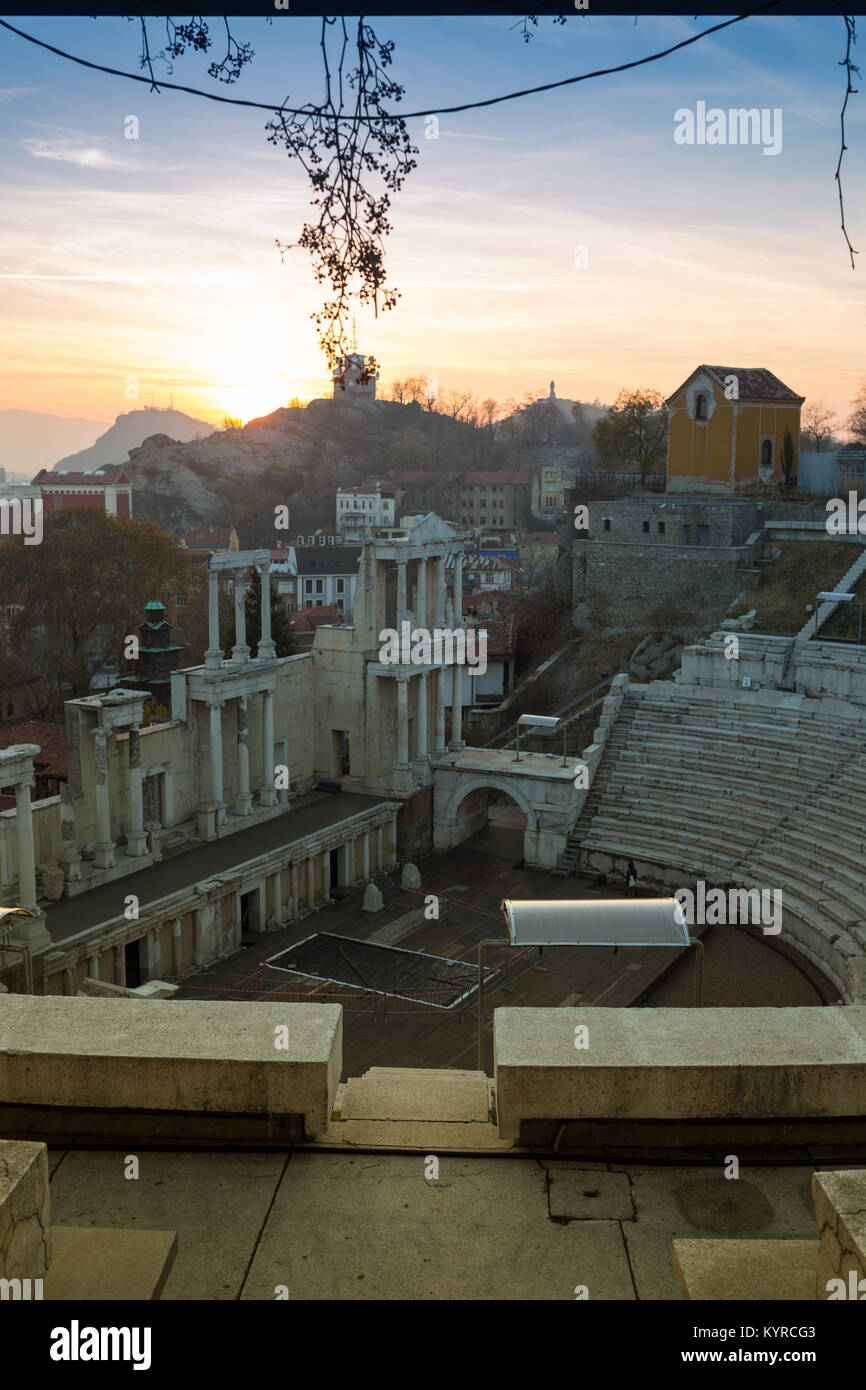 Remainings of Ancient Roman theatre of Philippopolis in Plovdiv at sunset, Aerial view of the roman amphitheater, Plovdiv, Bulgaria. Stock Photo