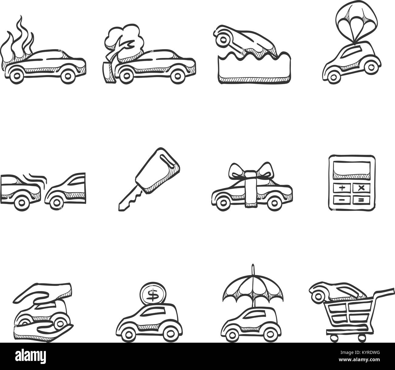 Car insurance icons in sketch. Stock Vector