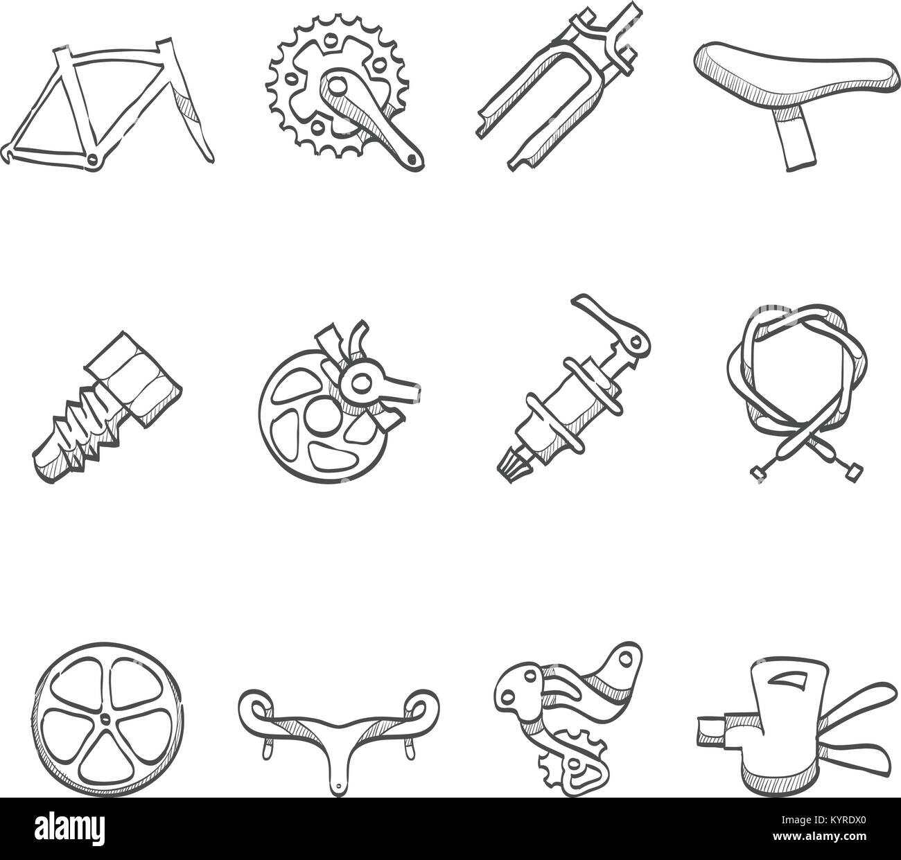 Bicycle part icons series in sketch. Stock Vector
