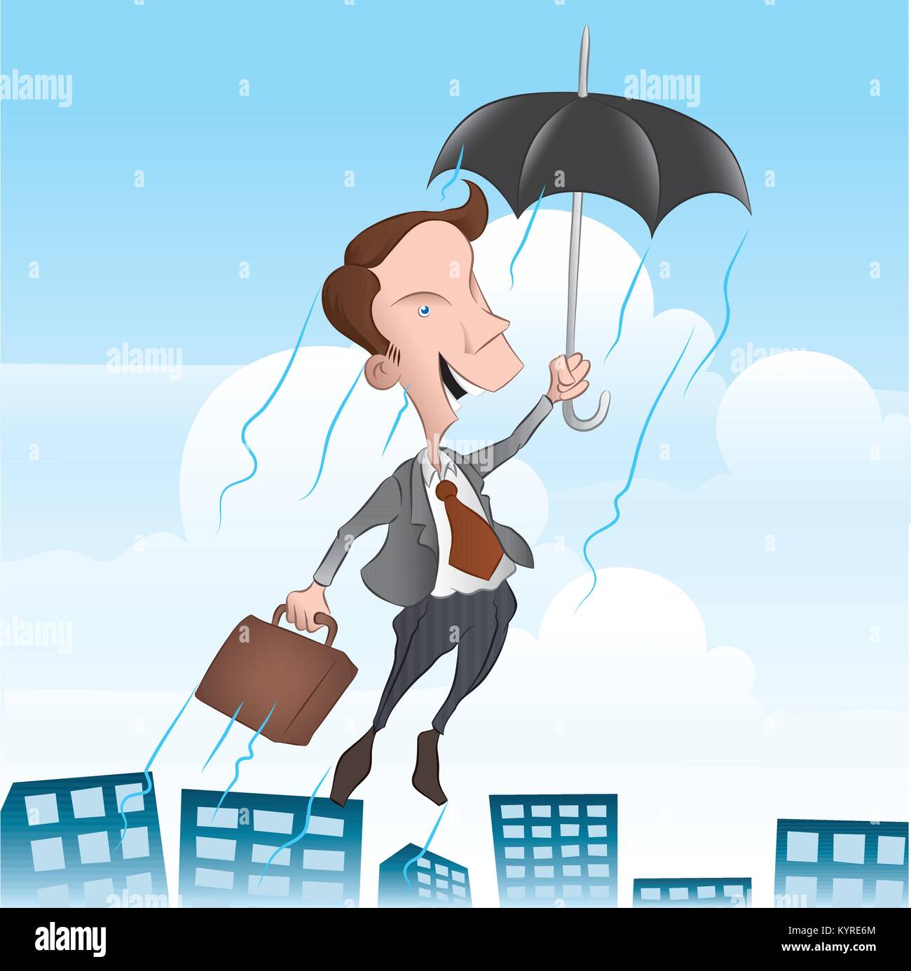 A businessman flying high with his umbrella. Stock Vector