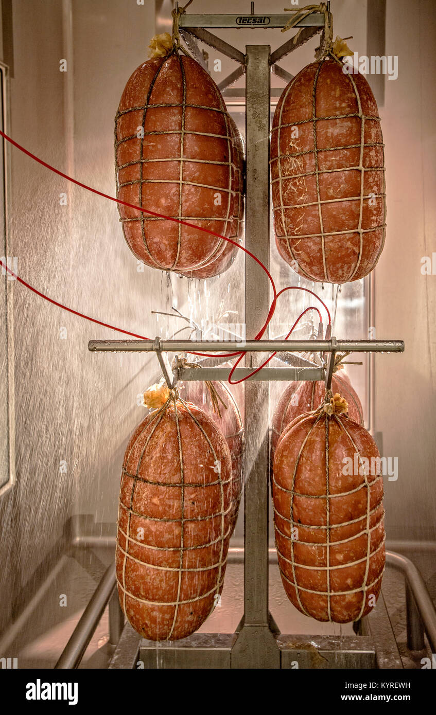 Various phases of the processing of mortadella hires stock photography