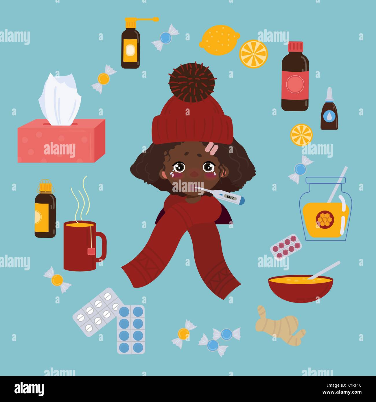 Young girl caught cold flu or virus. Treatment of illness Stock Vector