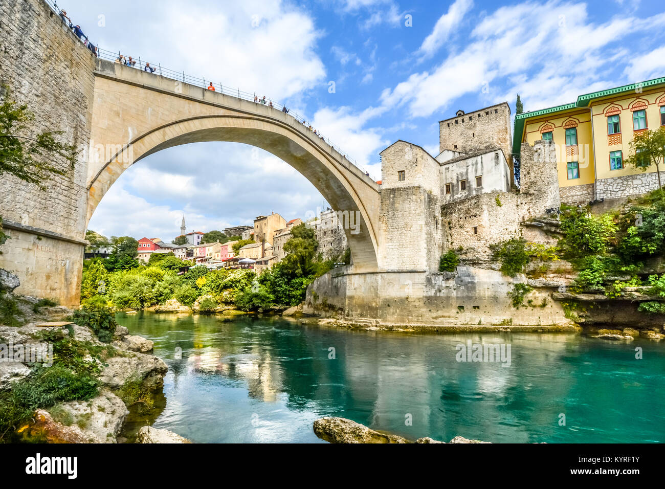 The Stari Most, old Ottoman bridge in the city of Mostar in Bosnia and Herzegovina that crosses the river Neretva Stock Photo