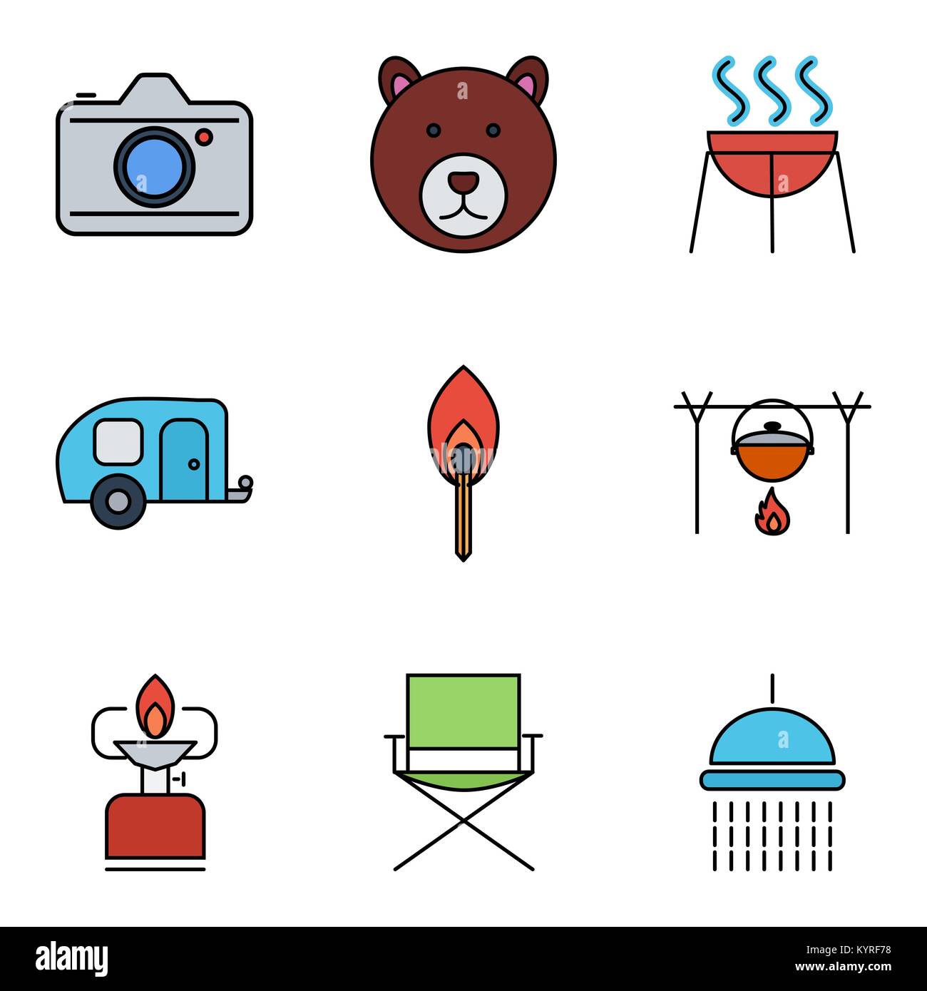 Camping flat vector icon set for web and mobile applications. Set includes - bear, camera, BBQ, trailer, match, pot, camping stove, chair, shower. It  Stock Vector