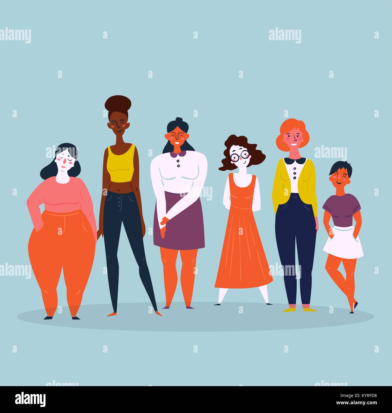 Illustration of a diverse group of women. Feminine Stock Vector