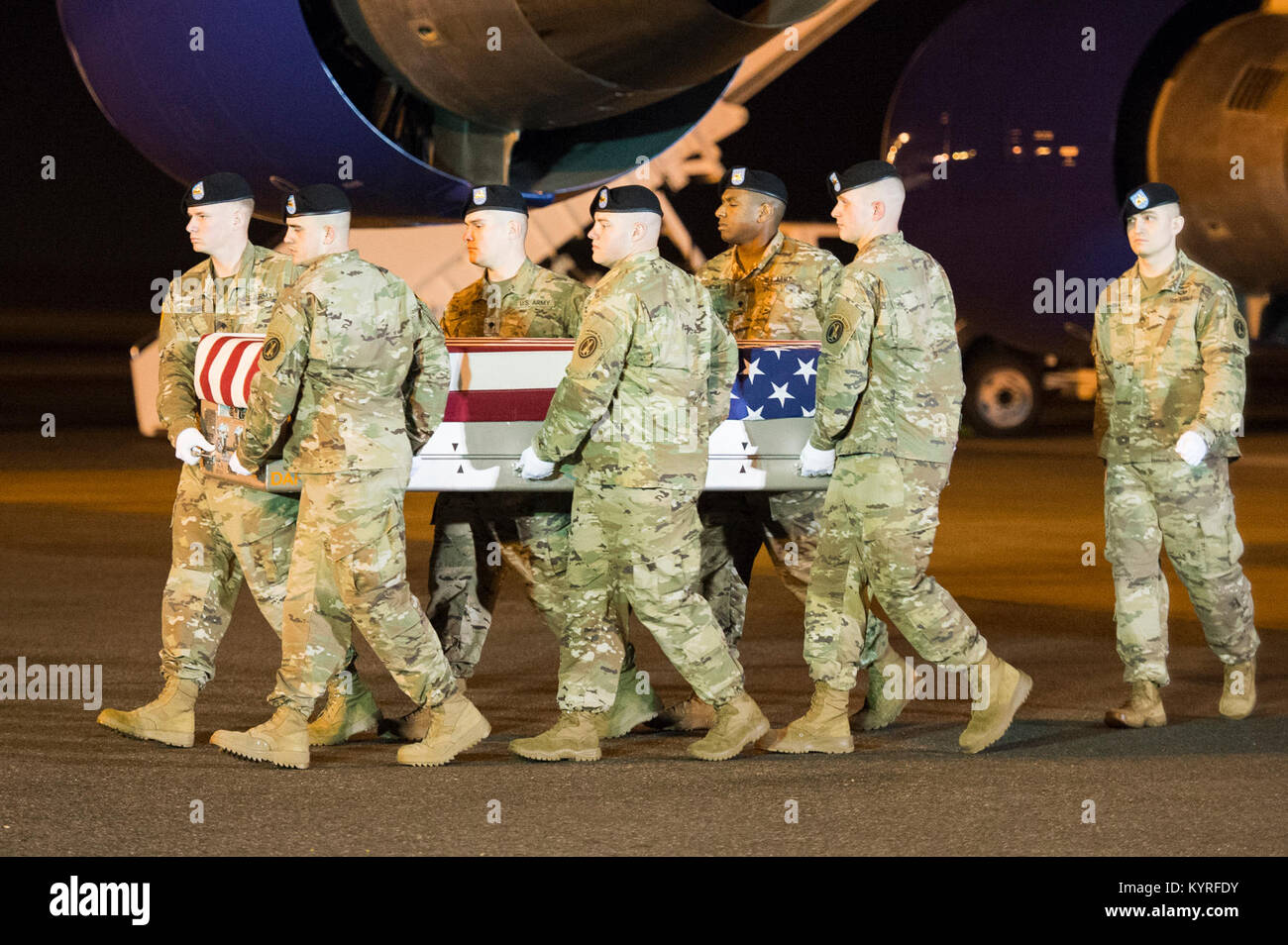 A U.S. Army carry team transfers the remains of Spc. Javion S. Sullivan, of Fort Mill, S.C., Jan. 11, 2018, at Dover Air Force Base, Del. Sullivan was assigned to the 16th Signal Company, 54th Signal Battalion, 160th Signal Brigade, Fort Hood, Texas. (U.S. Air Force Stock Photo