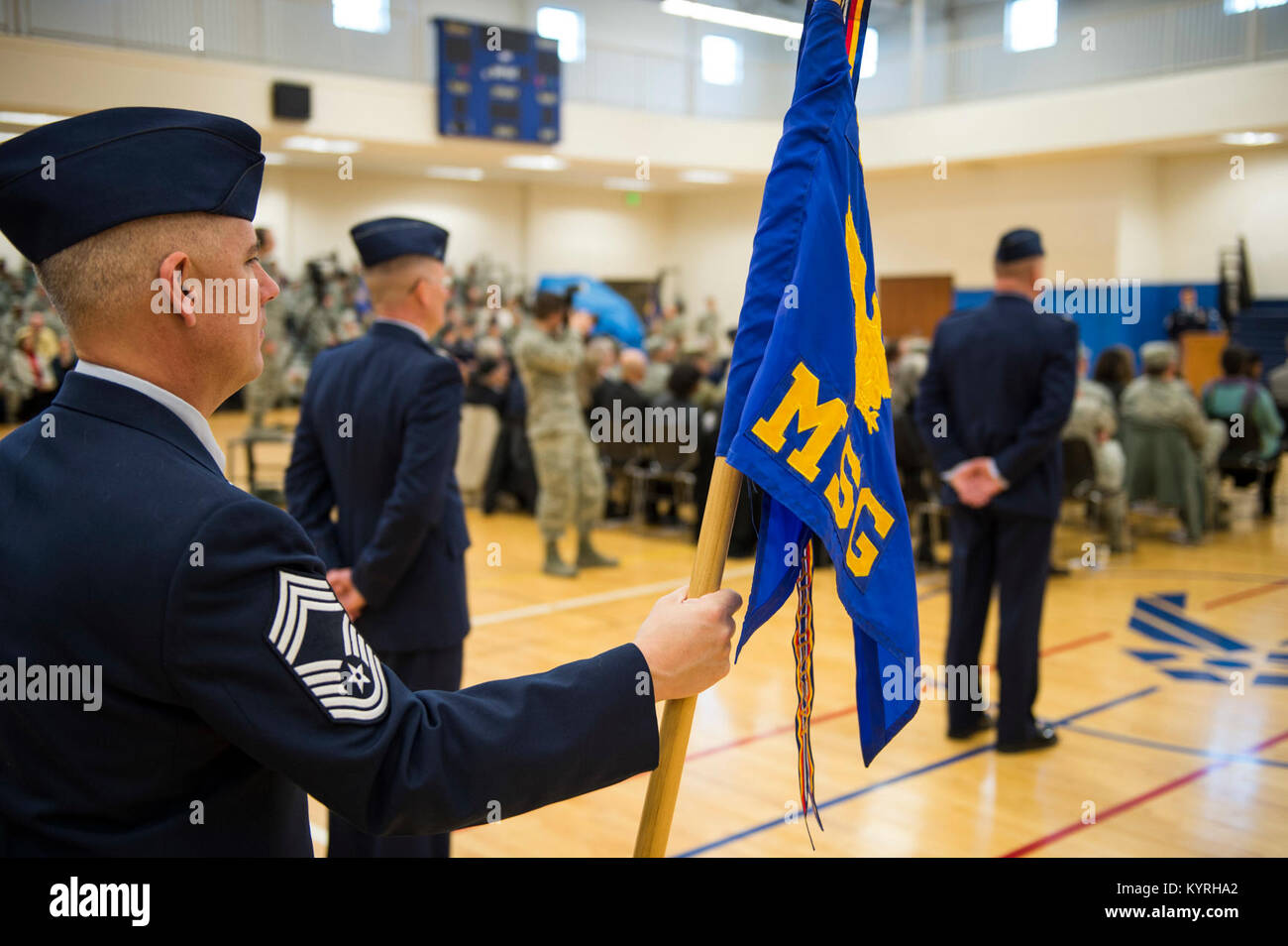 Members of Team Buckley stand in formation during the 460th Space Wing