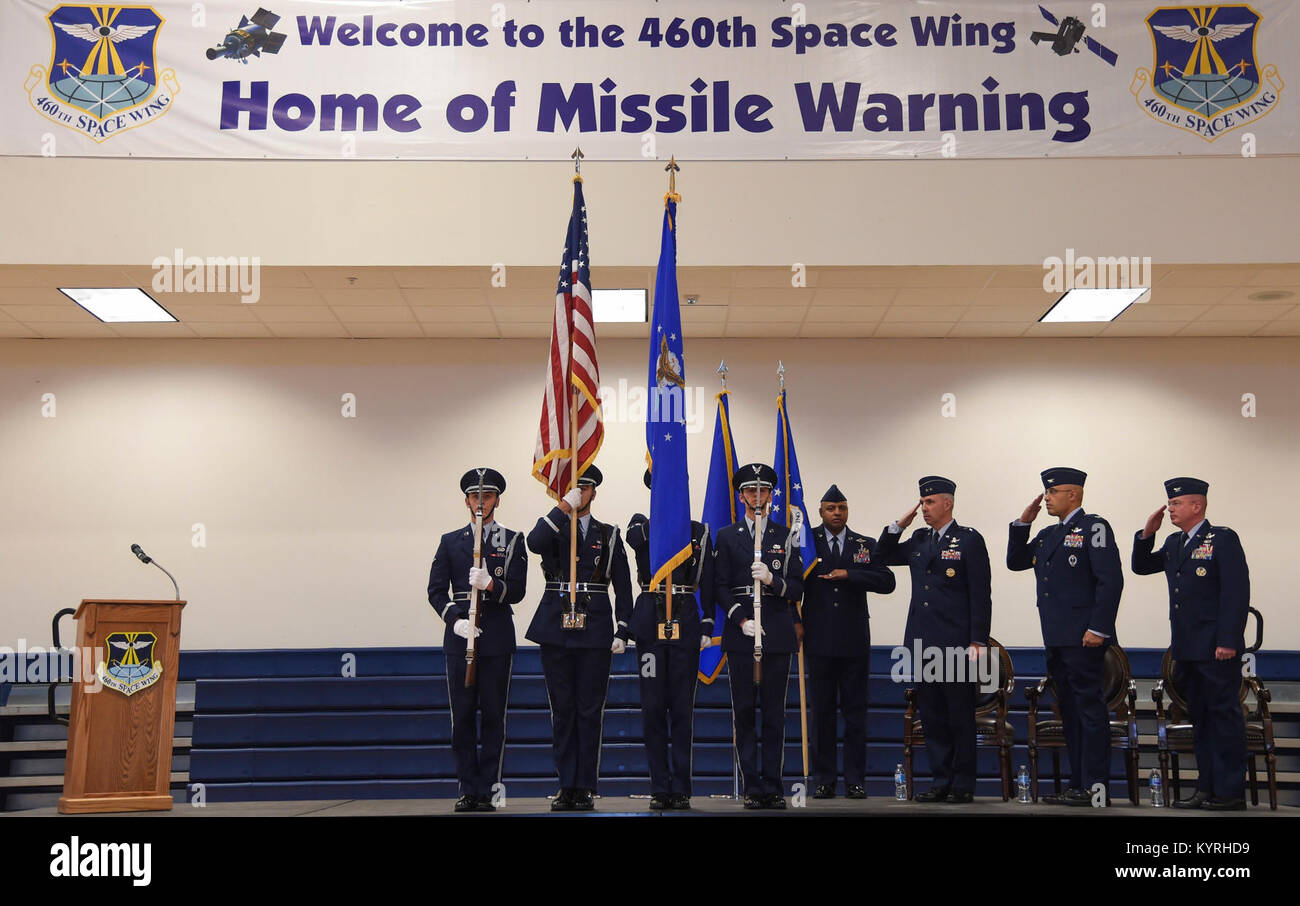 MileHigh Honor Guard team members present colors during the playing of
