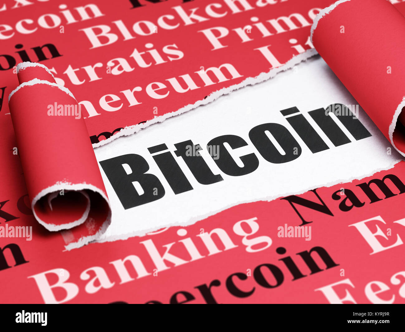 Blockchain concept: black text Bitcoin under the piece of torn paper ...