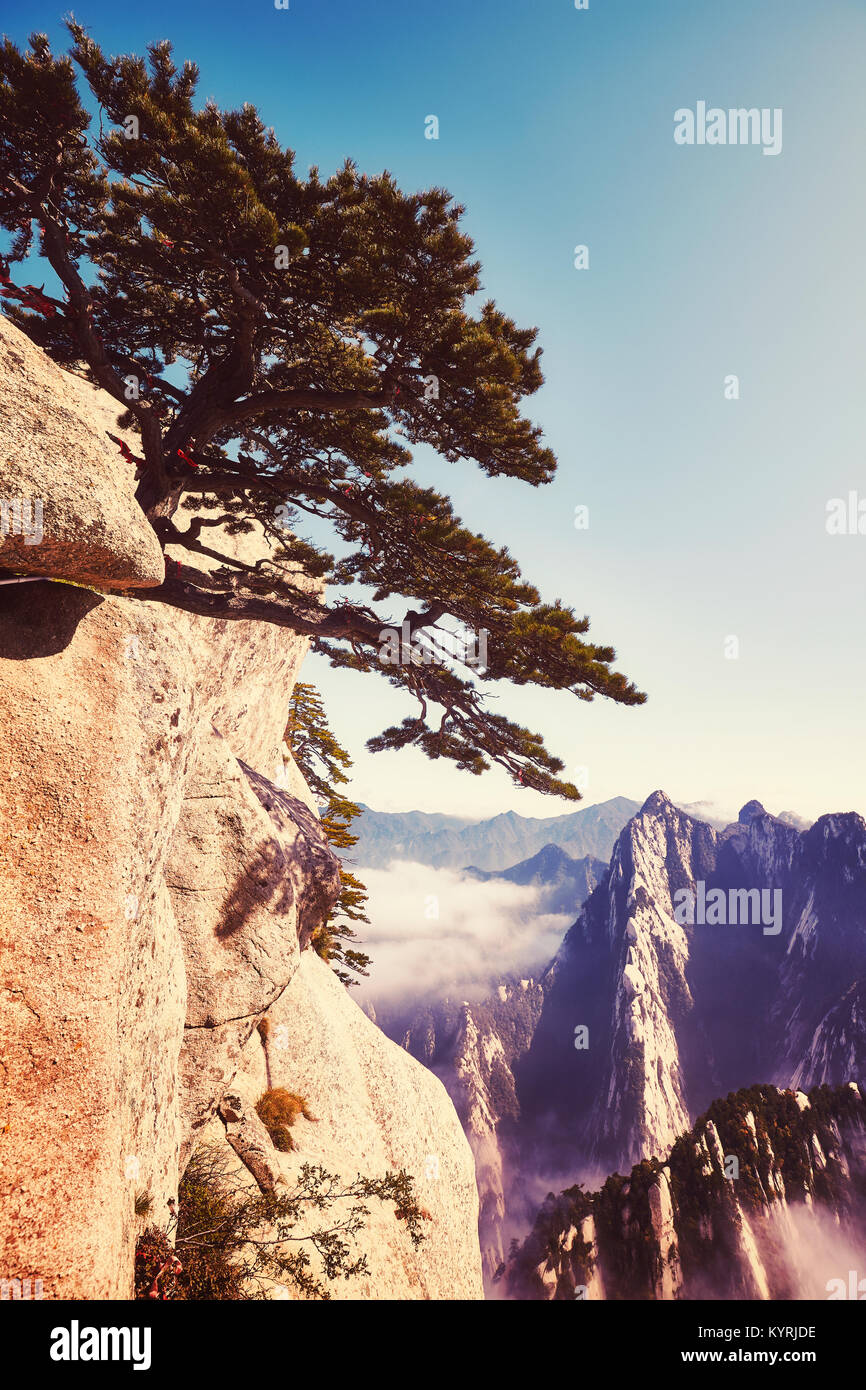 Scenic view from the Huashan, one of the most popular travel destinations in China, color toned picture. Stock Photo