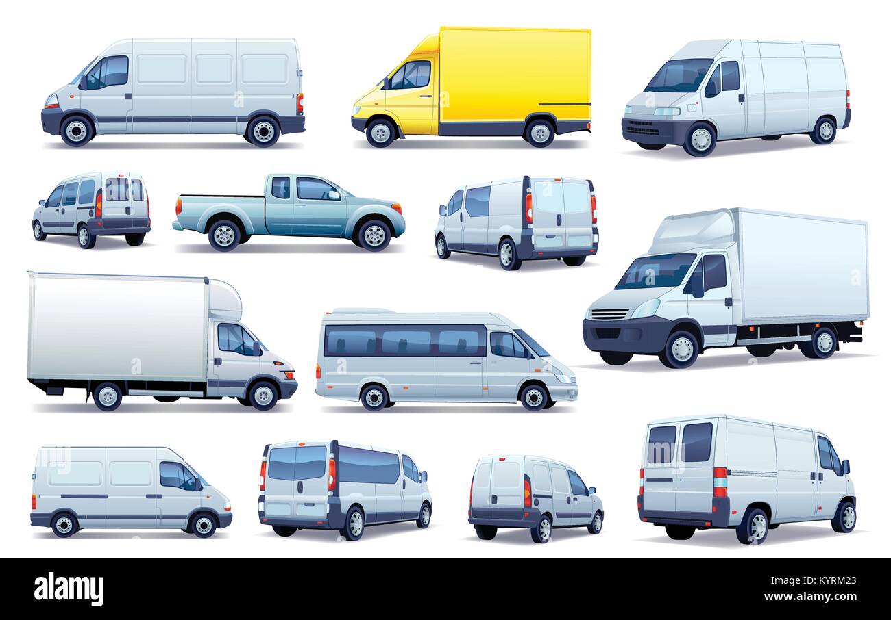 Set of black and white cars. Collection of various passenger cars and delivery trucks. Stock Vector