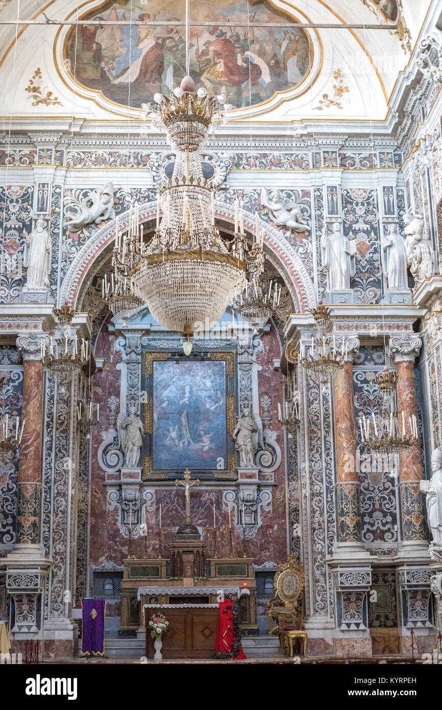 Palermo, Sicily. Dec 2017: Interior of Church of Pietà Saint Mary of the Visitation (Chiesa dell'Immacolata Concezione, Mercato Capo) with decorations Stock Photo