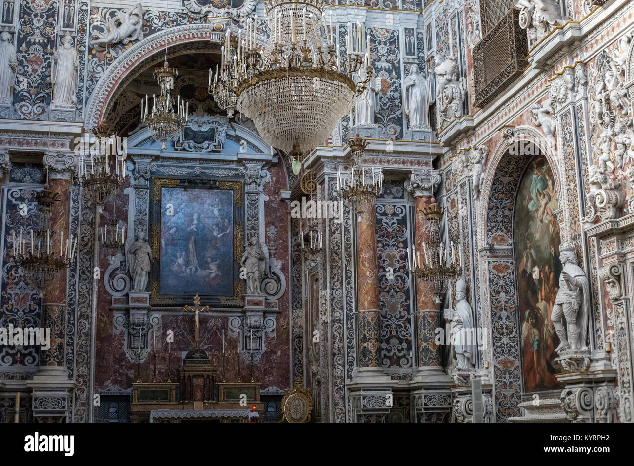 Palermo, Sicily. Dec 2017: Interior of Church of Pietà Saint Mary of the Visitation (Chiesa dell'Immacolata Concezione, Mercato Capo) with decorations Stock Photo