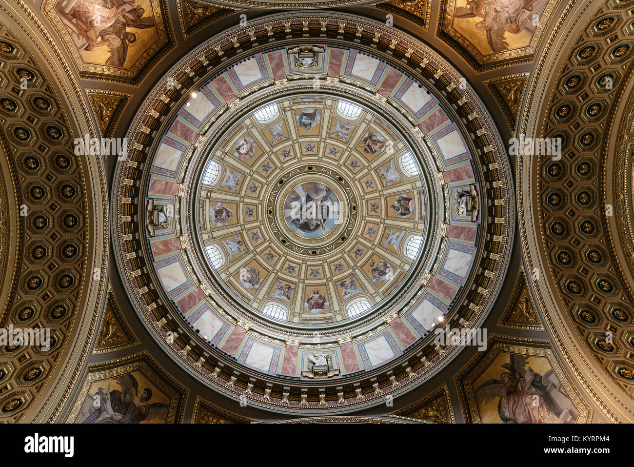 Budapest, Hungary - August 13, 2017: Low angle view of dome of St Stephen Basilica in Budapest. Interior view directly below the dome Stock Photo