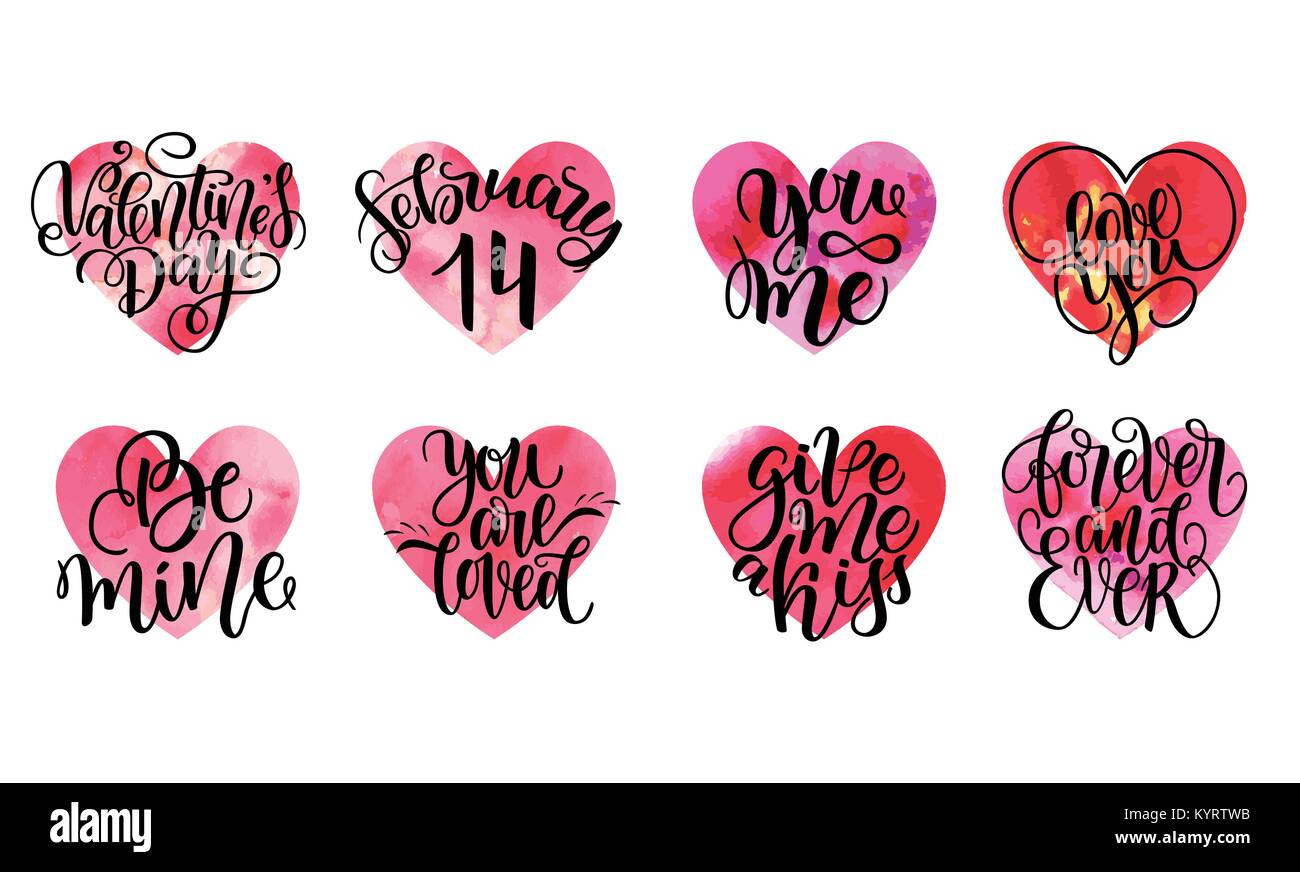 Set Of Vector Watercolor Hearts And Lettering Quotes About Love And set-of-vector-watercolor-hearts-and-lettering-quotes-about-love-and