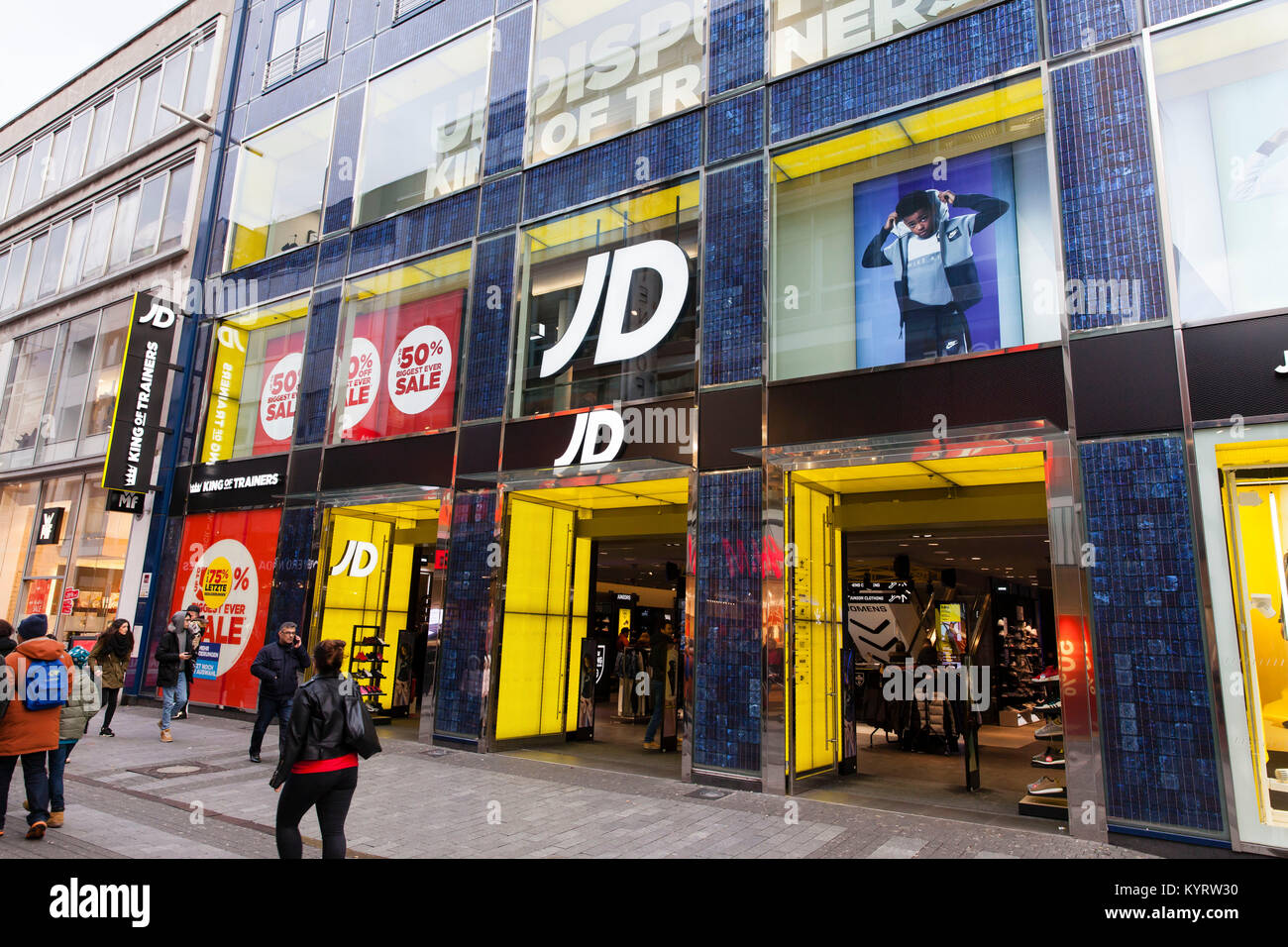 Europe, Germany, Cologne, JD Sports Fashion store at the shopping street Hohe Strasse.  Europa, Deutschland, Koeln, JD Sports Fashion store in der Fus Stock Photo