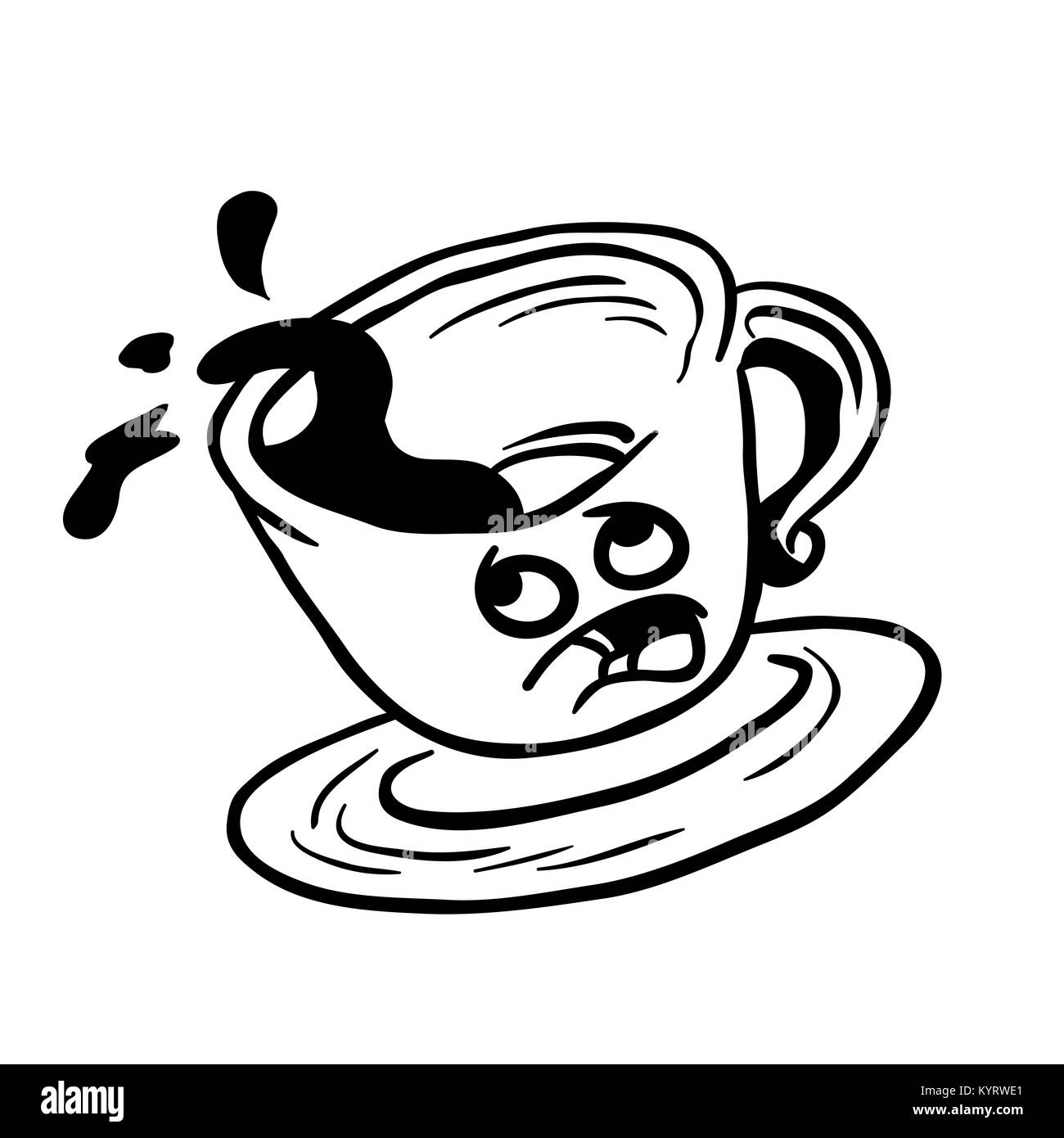 black and white afraid coffee cup spill cartoon illustration Stock Photo