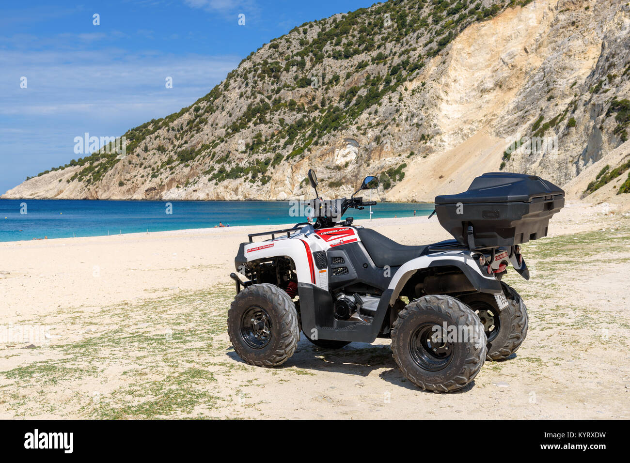 KEFALONIA, GREECE September 30, 2017 Quad parked on the beach of