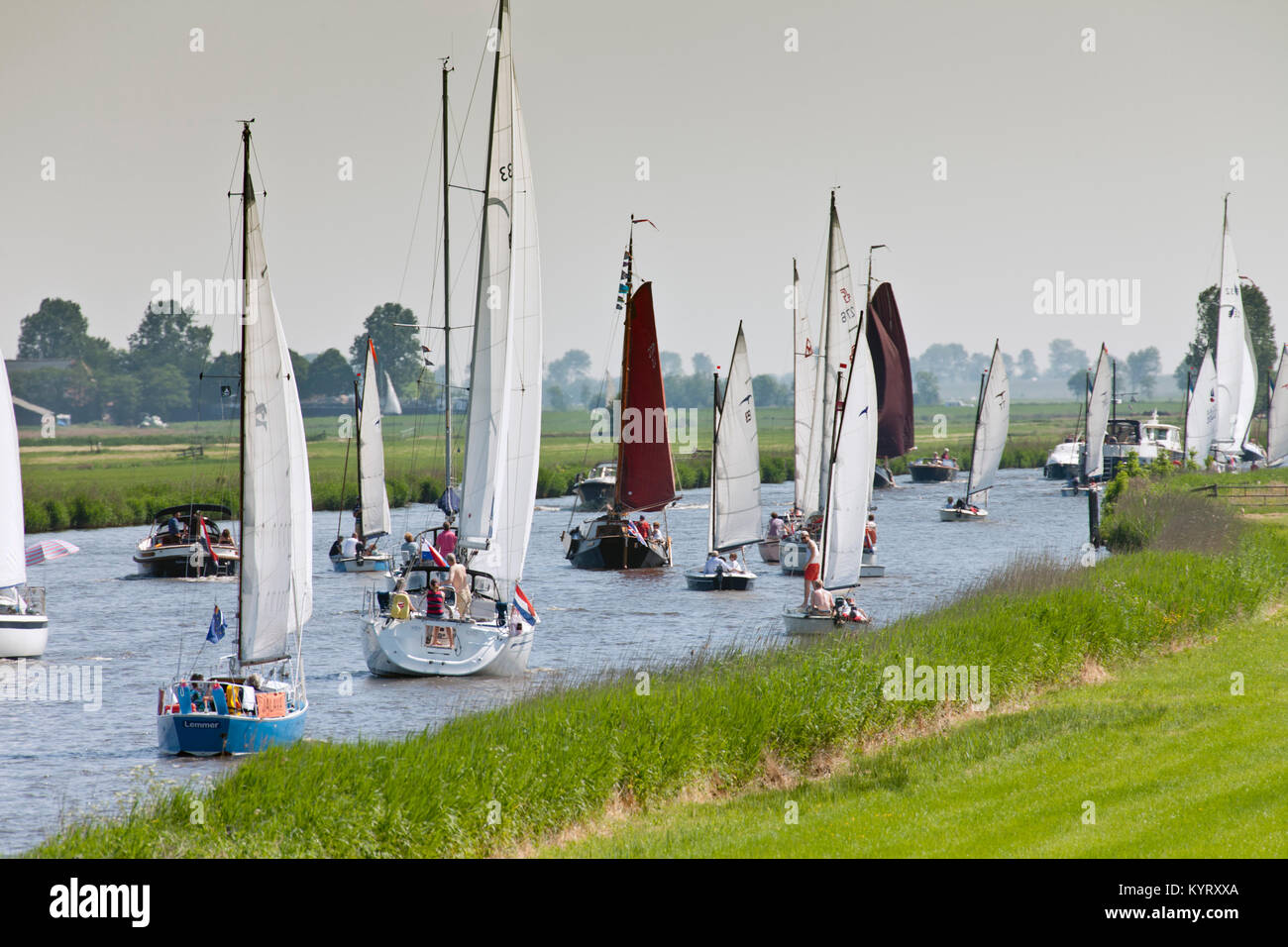 The Netherlands, Hommerts, Sailing boats in canal called Jeltesloot. Stock Photo