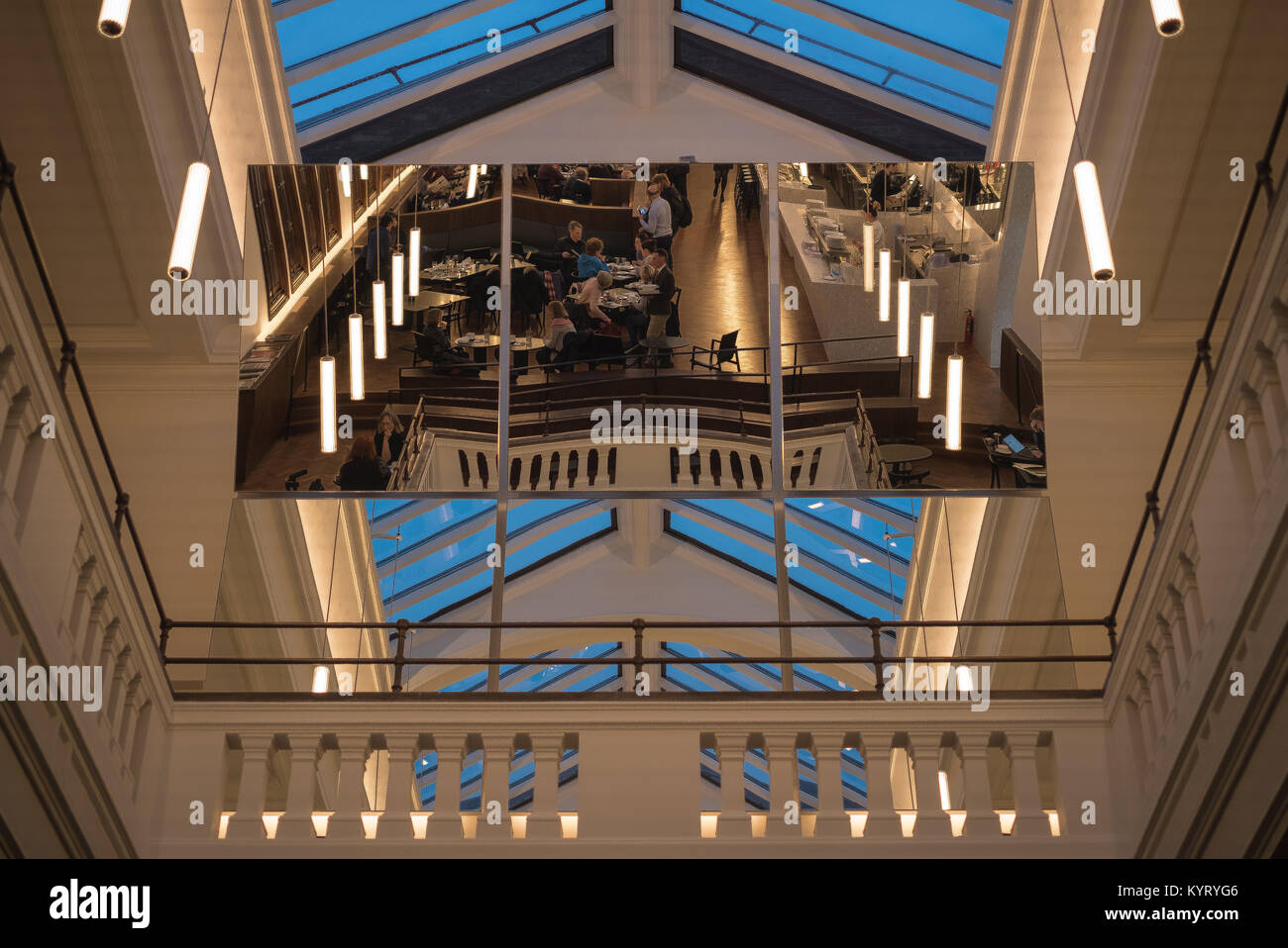 The newly renovated Members' Room at The Victoria and Albert Museum reflected in a mirror, photographed from the floor below. Stock Photo