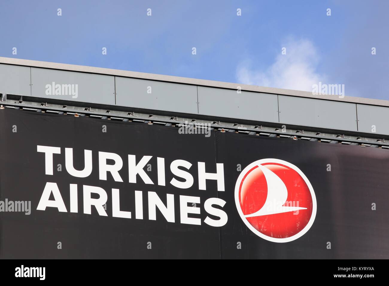 Billund, Denmark - December 29 2017: Turkish airlines logo on a wall. Turkish airlines is the national flag carrier airline of Turkey Stock Photo